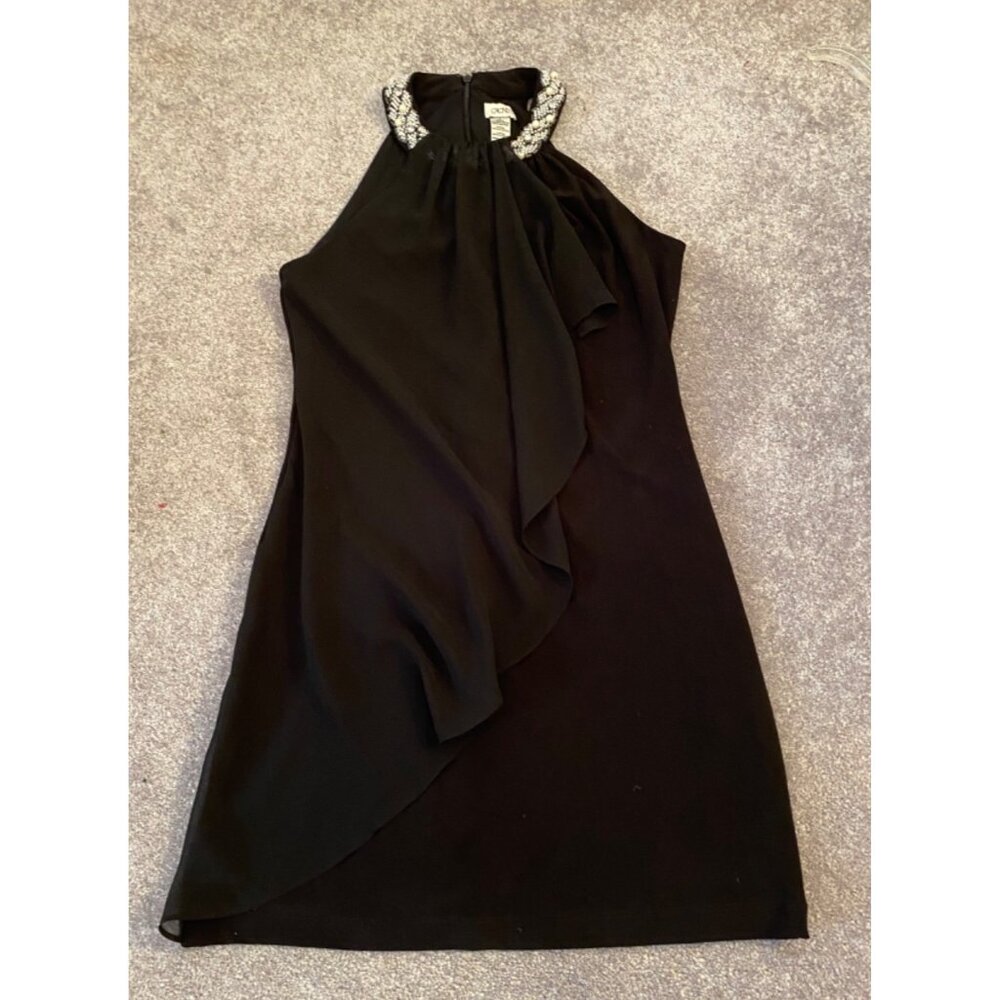 Cache Black Sleeveless Halter Dress Beaded Collar & Draped Overlay Size 2